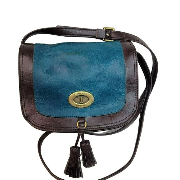 Tignanello Handbags - Tignanello Leather Teal & Brown Crossbody Purse Tassel Bucket Bag